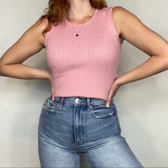Vintage 90s Size Medium Light Pink Cotton Cable Knit Sleeveless Sweater Tank Top - Picture 2 of 11